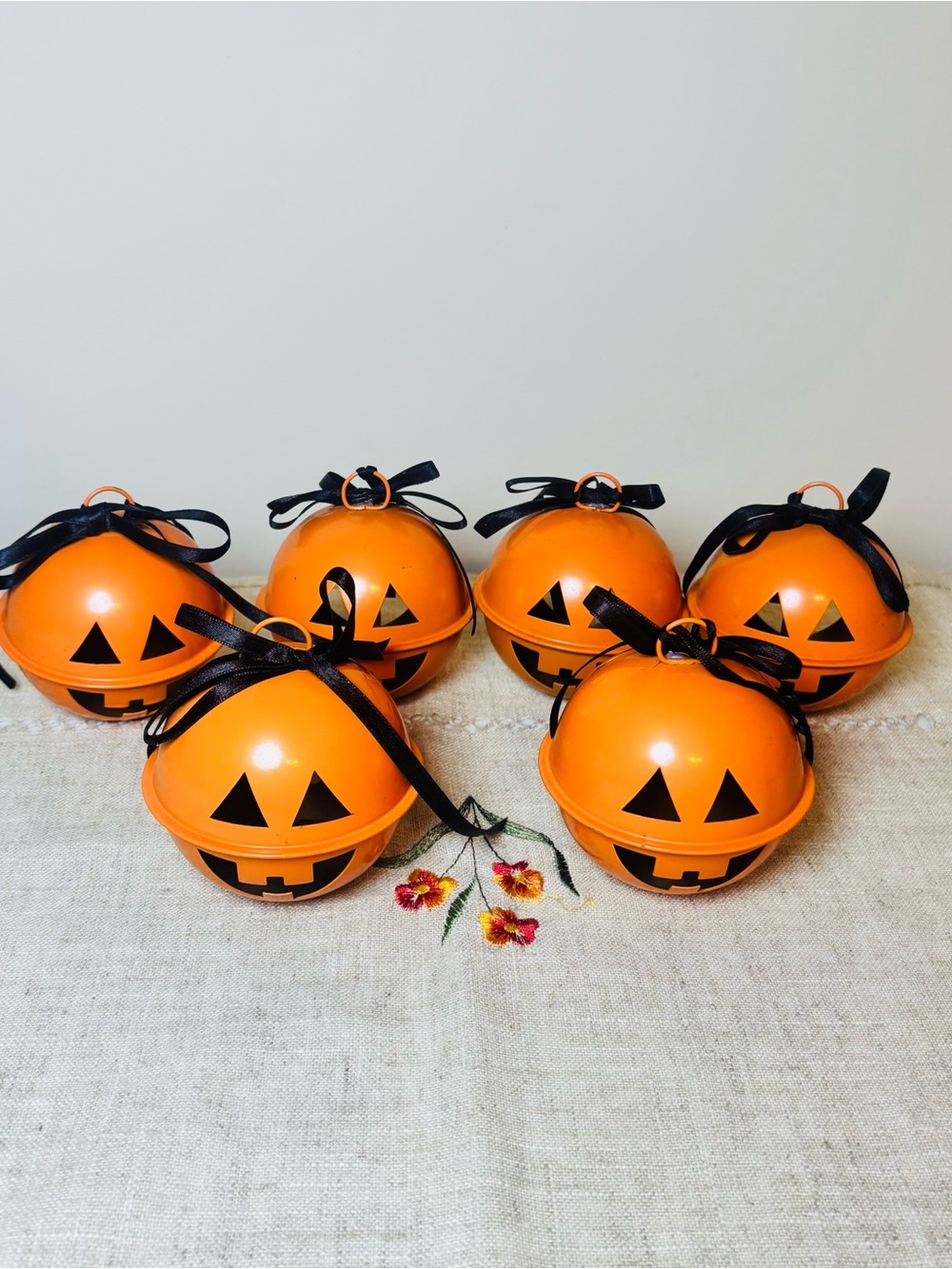 VTG Halloween Metal Jack-O-Lantern Jingle Bell Ornaments Set of 6